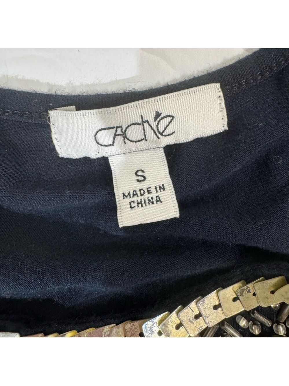 Cache Black Top with Bib Collar  Metallic Accents and Sequins Small - Picture 7 of 9